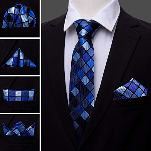 YOHOWA Men Plaid/Striped Ties Clip Set Silk Necktie Pocket Square Cufflinks | Woven Classic,Formal/Casual Mens Tie,Pocket Square Cufflinks Set,Luxury,Business,Wedding,Party,Prom,Graduation - color: A Blue Black Plaid