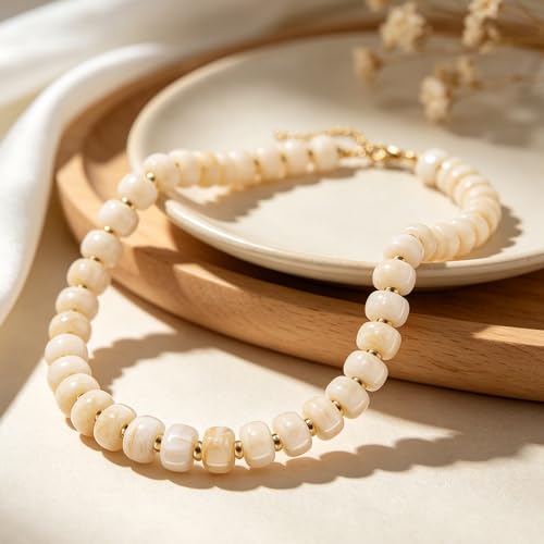 AOZEL Chunky Resin Beaded Necklace for Women Colorful Bead | Summer Beach, Waterproof, Fade Resistant, Adjustable Length, Boho Statement, for Daily Wear & Gifting - color: Beige