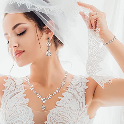 Henoyso 5 Pcs Wedding Jewelry Set for Women, Rhinestone Necklace Earrings Bracelet Headpieces Set for Bride Bridesmaid Prom - style: Elegant Style