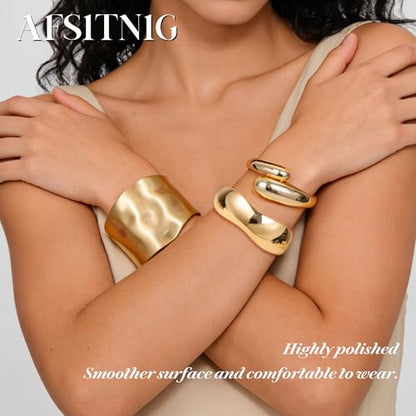 Chunky Gold Bangles Bracelets for Women, 14k Gold Plated Hinged Big Stackable Bangles Set, Trendy Wide Statement Cuff Bracelets Stack Fashion Jewelry Gifts - color: Gold-3pcs-Styles-3