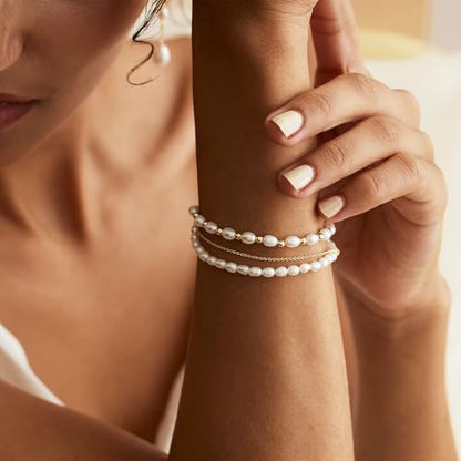 Pearl Bracelets for Women, 14k Gold Plated Dainty Beaded Bracelets Stack Link Chain Charm Bracelets Set Layered Tiny Jewelry for Women Christmas Gifts - style: GD-3