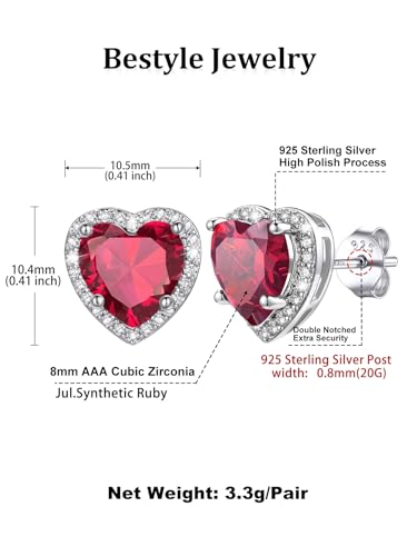 Bestyle Authentic 925 Sterling Silver 2 Carat Birthstone Earrings for Women, More Sparkle Heart/Round Solitaire Diamond Studs Earrings, Great Birthday/Christmas/Anniversary Jewelry for Wife Mother - color: 07. July Ruby-Heart