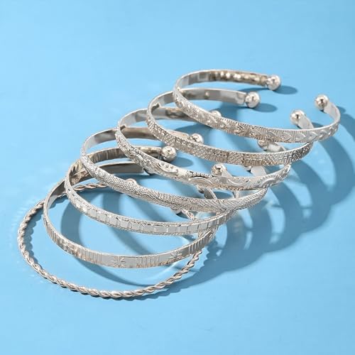 IFKM Gold Bangle Bracelets For Women, 14k Gold Plated Multi Layer Stackable Cuff Bracelet Set, Trendy Elegance Charms Non Tarnish Minimalist Textured Boho Jewelry Gift for Women - style: 7pcs Hexawn star twist silver