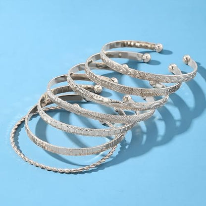 IFKM Gold Bangle Bracelets For Women, 14k Gold Plated Multi Layer Stackable Cuff Bracelet Set, Trendy Elegance Charms Non Tarnish Minimalist Textured Boho Jewelry Gift for Women - style: 7pcs Hexawn star twist silver