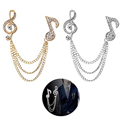 2 Pack Men's Music Note Mark Brooch Lapel Pin Badge Hanging Chains Collar Brooches Pin for Career Suit Tuxedo of Shirts Tie Hat Scarf for Boyfriend Father Birthday Gift Gold/Silver