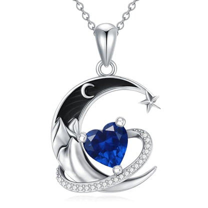 I Love You to the Moon and Back Necklace 925 Sterling Silver Black Crescent Moon Star Pendant with Heart Birthstone Necklace Anniversary Gothic Jewelry Gifts for Women Wife Lovers - color: 09-Sep-Sapphire