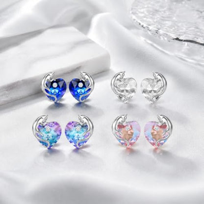 AOBOCO 925 Sterling Silver Cute Cat Studs Earrings for Women | Heart Crystals from Austira Cats Jewelry Gifts for Cat Lovers - color: Clear White