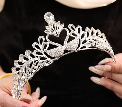 Wedding Crystal Tiara for Women Elegant Bridal Pearl Rhinestone Crown Swan Queen Princess Costume Crown Star Crystal Headpiece Accessory for Cosplay Birthday Party - color: Swan 2-silver