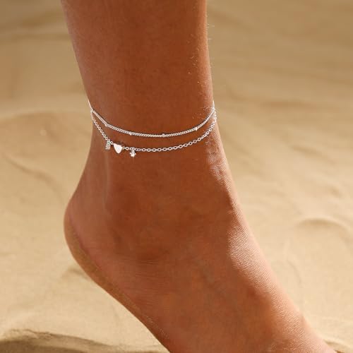 ASCOMY Ankle Bracelets for Women 14K Gold/Silver Plated Anklets for Women Waterproof Layered Cute Beads Dot Shining Twist Rope Chain Pearl Bar Link Heart Anklets Summer Beach Foot Chain Jewelry Gifts - style: CZ Heart Satellite-SL