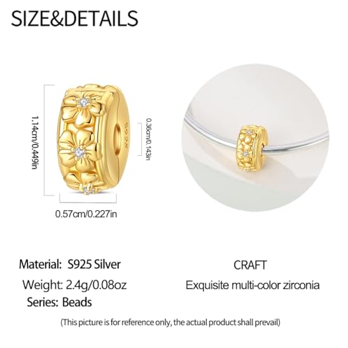 925 Sterling Silver Stopper Clip Charms for Bracelet Necklace Spacer Beads with 5A Cubic Zirconia Mother's Day Christmas DIY Gift for Women(2PCS) - style: Gold Flower Fixing Clip