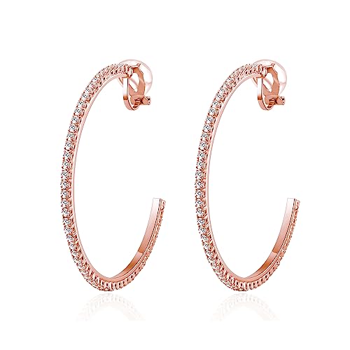 YOQUCOL 4.3CM(1.7in) Clip On Hoop Earrings Cubic Zirconia Non Pierced Ears Hoops for Women - color: 55MM-Rose gold