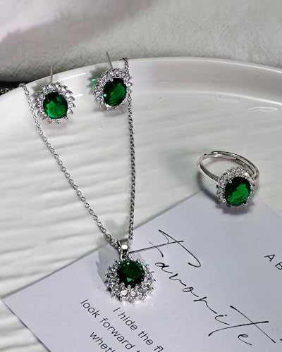 Silver Emerald Jewelry Set Green Cubic Zirconia May Birthstone Stud Earrings Necklace and Open Ring Set for Women Trendy