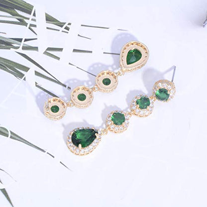 Women's Cubic Zirconia Bridal Earrings - Elegant Long Wedding Party Prom Earring for Bride Bridesmaids Crystal CZ Rhinestone Chandelier Statement Dangle Drop Earrings for girls - color: Green-gold