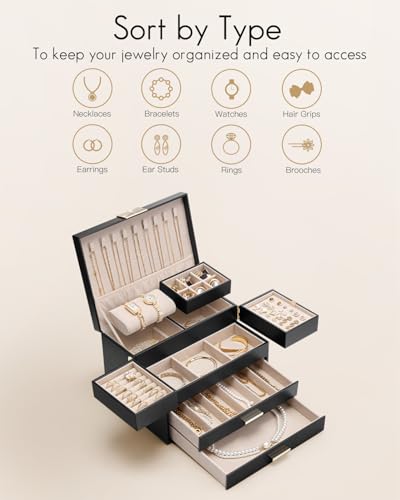 VLANDO Jewelry Box,4-Layer Design with Retractable Tray and 2 Drawers, Black - color: E.Black, size: 4-Layer