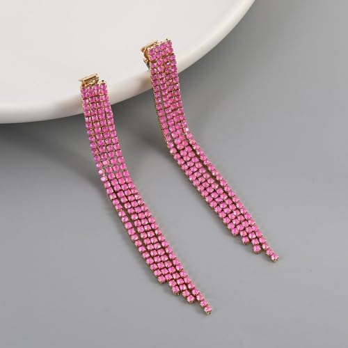 Rhinestone Clip on Earrings for Women Gold/Silver Prom Dresses 2026 Sparkly Chandelier Long Earrings Wedding Guest Jewelry - color: Pink Clip on