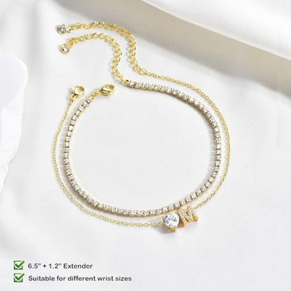 Gold Bracelets for Women Trendy Dainty 14K Gold Plated Layered Initial Tennis Bracelets for Women Non Tarnish A-Z Heart Letter Charm Gifts for Mom Best Friend - style: Gold-M