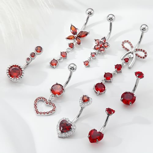 BSJ4U 8Pcs Gold Pink Silver Belly Button Ring Dangle Navel Belly Piercing Jewelry Cute CZ Butterfly Heart Flower Bow Navel Belly Rings for Women 14G Hypoallergenic Surgical Stainless Steel Dainty Dangling Dangly Belly Button Piercing Pack - color: Red Bel
