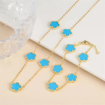 14K Gold-Filled Clover Necklace For Women - Classic Five-Leaf Flower Set Bracelet Necklace Earrings Jewelry Set, Five Leaf Clover Necklaces Dainty Lucky Clover Jewelry - color: Blue - Clover Necklace