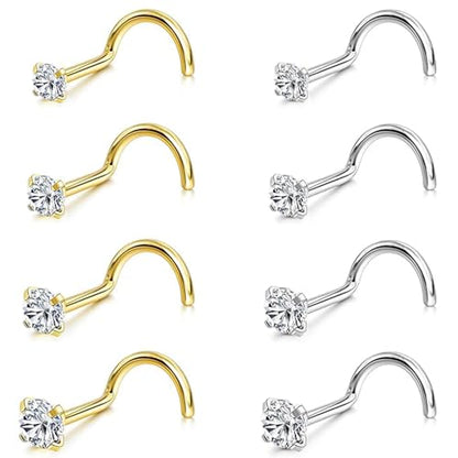 8Pcs Nose Rings Studs Set for Women Men: Hypoallergenic G23 Titanium/316L Surgical Stainless Steel Nose Studs, Nickel-free Lead-free L Shaped Corkscrew Nose Piercing Jewelry CZ 1.5mm 2mm 2.5mm 3mm - style: Titanium 8Pcs 20G Corkscrew Gold/Silver