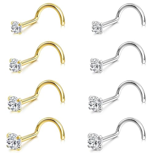 8Pcs Nose Rings Studs Set for Women Men: Hypoallergenic G23 Titanium/316L Surgical Stainless Steel Nose Studs, Nickel-free Lead-free L Shaped Corkscrew Nose Piercing Jewelry CZ 1.5mm 2mm 2.5mm 3mm - style: Titanium 8Pcs 20G Corkscrew Gold/Silver