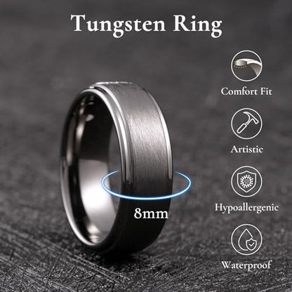 King Will Classic Tungsten Carbide Ring Brushed Two Grooved Center Hammered Design Mens Wedding Band for Men | Black/Silver/Gold, 8mm, Men's Wedding Band, Grooved, Comfort Fit, Everyday Wear - color: C-Gunmetal Gray 8mm
