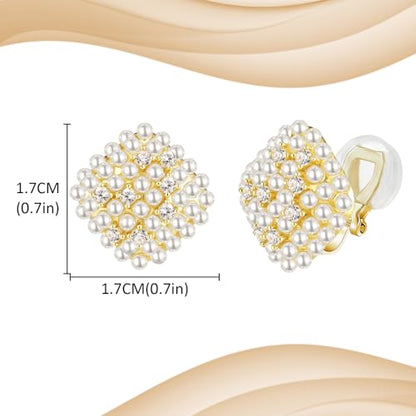 YOQUCOL Simulated Pearl Flower-Cluster Shape Clip On Stud Earrings Non Pierced Ear Earrings for Women - color: Rhombic