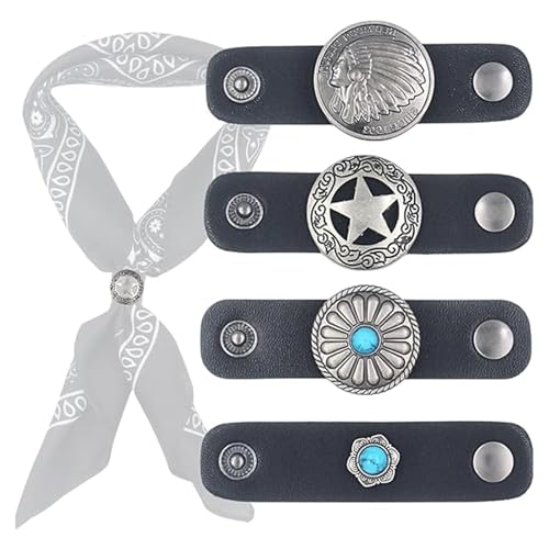 4Pcs Scarf Ring Western Bandana Slide For Women Men Genuine Leather Wild Rag Clip Neckerchief Holder Cowboy Accessories Clothing Cinch Buckle - color: Silver C