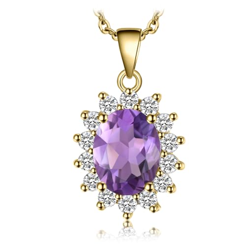 JewelryPalace Princess Diana Kate Middleton Natural Amethyst Citrine Garnet Peridot Topaz Created Ruby Sapphire Simulated Emerald Pendant Necklace for Women, 925 Sterling Silver Gemstone Jewelry Set - color: K-Yellow Gold Plated Brass-Purple CZ