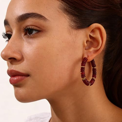 Wellike Beaded Hoop Earrings for Women Natural Stone Pink Gold Huggie Earrings Hypoallergenic Dainty Waterproof Trendy Jewelry - color: Burgundy, size: 45mm