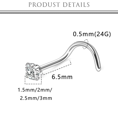Hoeudjo Hypoallergenic Nose Rings Studs 24G Surgical Stainless Steel Cubic Zirconia Nose Studs for Women Men Screw & Bone & L Shaped Nostril Piercing Jewelry with 1.5mm 2mm 2.5mm 3mm CZ - color: silvertone,screw nose studs