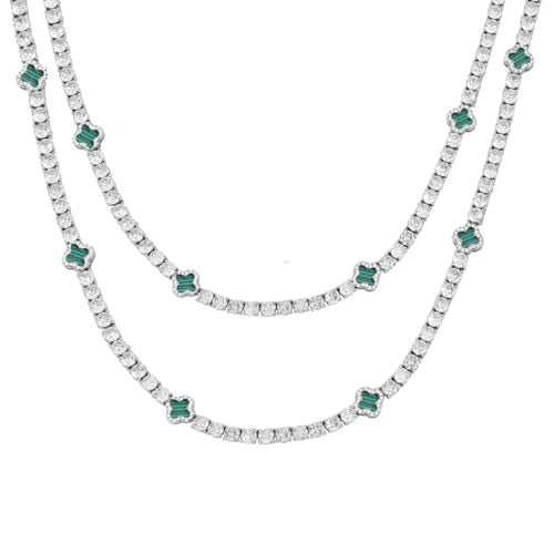 LuxeFlex 4mm Iced Out Four Leaf Tennis Chain,White Gold Plated with 5A Zircon Stones, exquisite Handmade Hip Hop Bling Necklace Perfect Unisex Jewelry Gift - color: White Gold-Green, size: 16 INCH