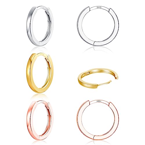 3 Pairs 925 Sterling Silver Small Huggie Hoop Earrings for Women Men | 14K White Gold Plated, Hypoallergenic, Small Silver Hoops - color: G-3 Colors 10mm