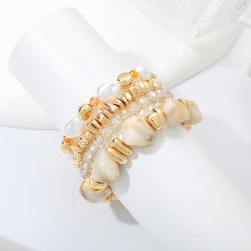 GOOJIDS Simple Beaded Gold Plated Bangles Bracelet Chunky Bamboo Tube Curved Stacking Clear Acrylic Colorful Beads Stretchable Gold Plated Bracelets Set For Women - color: T Shell Beads Set