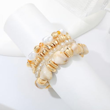 GOOJIDS Simple Beaded Gold Plated Bangles Bracelet Chunky Bamboo Tube Curved Stacking Clear Acrylic Colorful Beads Stretchable Gold Plated Bracelets Set For Women - color: T Shell Beads Set