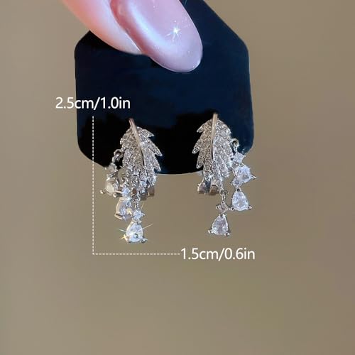 Crystal Leaf Tassel Teardrop Clip on Earrings for Women 14k Gold Plated Shiny Rhinestone Feather Shaped Dangle Drop Non-Piercing Earring Elegant Wedding Prom Anniversary Party Jewelry Gifts - color: Silver