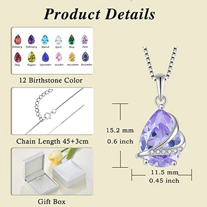 Birthstone Pendant Necklace 925 Sterling Silver Teardrop Jewelry for Women - color: Light Lavender
