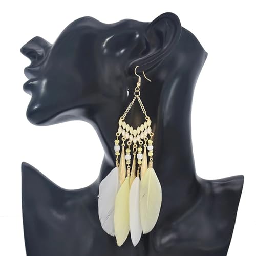 Faux Feather Fringe Tassel Long Dangle Earrings for Women | Bohemian Women Tassel Drop Jewelry - color: yellow