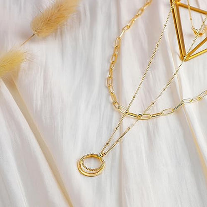 Fettero Pendant Necklace Gold Choker Layered Coin Open Karma Circle Full New Crescent Moon 14K Gold Plated Simple Dainty Necklaces for Women Jewelry Gift - style: Double Circle / 2 Layer