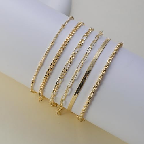 Rotnso Anklets for Women 14K Gold Silver Plated Ankle Bracelets Trendy Waterproof Boho Anklets Set Adjustable Dainty Cute Diamond Beaded Heart Non Tarnish Summer Beach Jewelry Gift - style: 6Pcs Herringbone&Cuban-GD