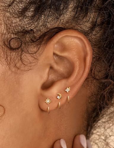 Freekiss 3 Pairs Backless Half Hoop Earrings Set for Women | 14K Gold Plated CZ Stay Close Hoop Earrings, Hypoallergenic Huggie Stackable Earring for Everyday & Sleep Wear Jewelry Gift - color: Celestial Moon Star-GD