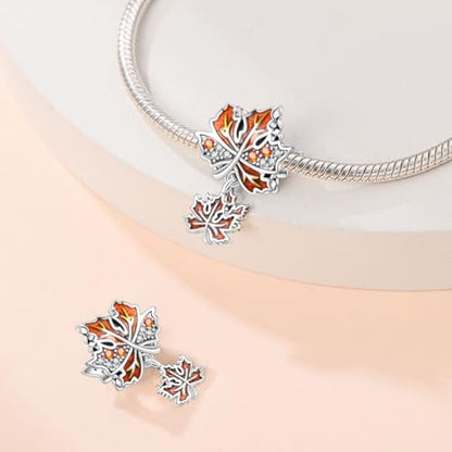 Pandach 925 Sterling Silver Charms for Bracelet&Necklace Dangle Pendant Bead with 5A Cubic Zirconia Stones,Jewelry Beads Gifts for Women - style: Maple Leaf Beads