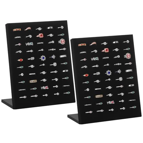 KUKUVR 2 Pcs Velvet L-Shaped Ring Earring Holder Display Stand (Black) | 50 Slots, Jewelry Organizer Case Tray, For Women & Selling Show - color: Black