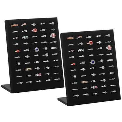 KUKUVR 2 Pcs Velvet L-Shaped Ring Earring Holder Display Stand (Black) | 50 Slots, Jewelry Organizer Case Tray, For Women & Selling Show - color: Black
