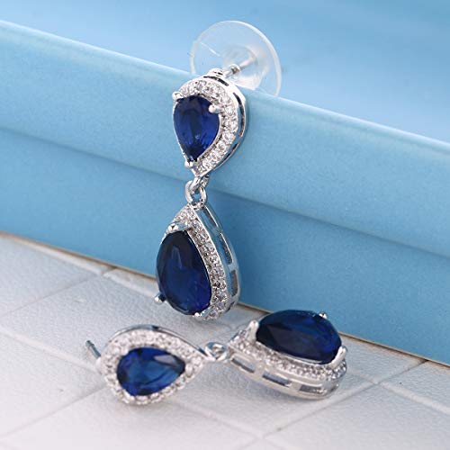 Pave Teardrop Earrings for Wedding Sterling Silver Double Pear Shaped CZ Cubic Zirconia Crystal Rhinestone Birthstone Dangle Earrings Bridal Jewelry for Bride Bridesmaids - color: Royal Blue Sapphire