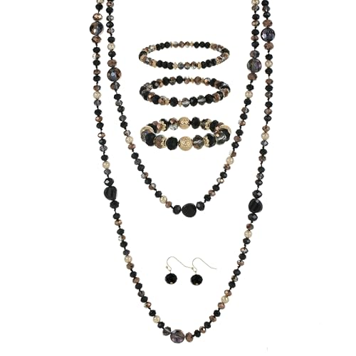 Trendy Infinity Wrap 60’’ Long Statement Necklace, Earrings and Bracelet Set - Hand Knotted Versatile Crystal and Shell Beads Strand Necklace and Chunky Beaded Stretch Bracelet Stack – Jewelry Set Gift for Women - color: Black