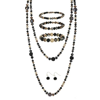 Trendy Infinity Wrap 60’’ Long Statement Necklace, Earrings and Bracelet Set - Hand Knotted Versatile Crystal and Shell Beads Strand Necklace and Chunky Beaded Stretch Bracelet Stack – Jewelry Set Gift for Women - color: Black
