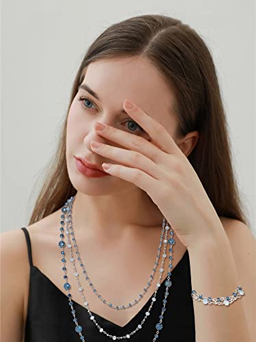 Firstmeet Long Chain Multi Layer Fashion Glass Beads Handmade Necklace for Women - color: Blue+SL
