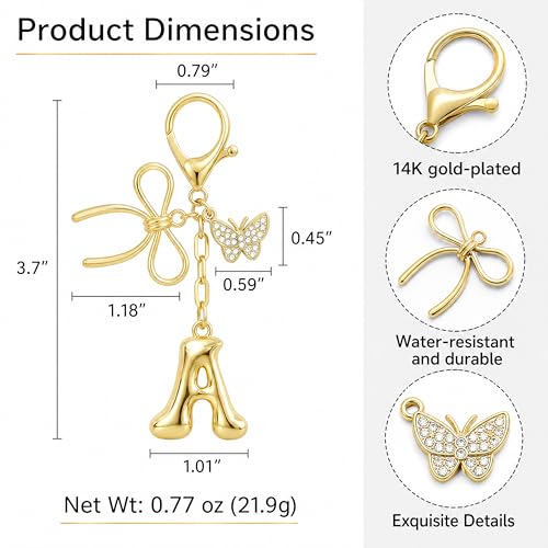 Gold Bubble Heart, Cherry, Bow & More Designs Letter Initial Keychain Bag Charms – Cute Purse Charms for Handbags - color: Bow & Butterfly, style: A