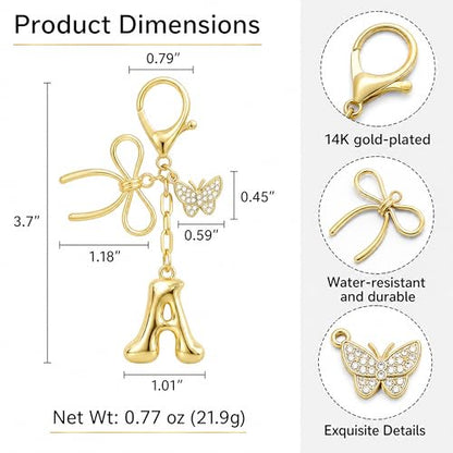 Gold Bubble Heart, Cherry, Bow & More Designs Letter Initial Keychain Bag Charms – Cute Purse Charms for Handbags - color: Bow & Butterfly, style: A