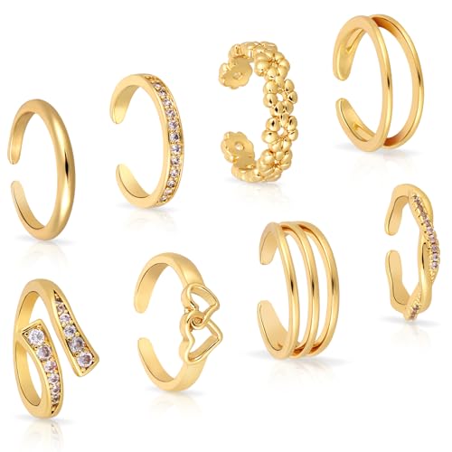 Mikovivi 8pcs Toe Rings for Women, Copper Adjustable Open Toe Rings in 8 Elegant Styles Feet Decoration Beach Jewelry for Women Summer Accessory - color: Gold